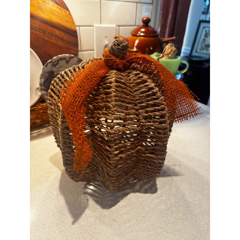 Woven Seagrass Pumpkin Fall Decor with Orange Burlap Ribbon Bow Rustic Autumn